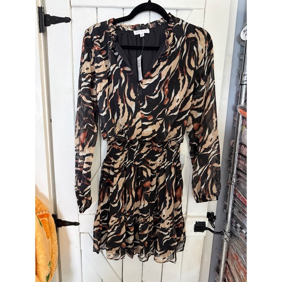 Socialite Dresses & Skirts - Socialite Womens Animal Print Smocked Waist Mini Dress Black Tan XS